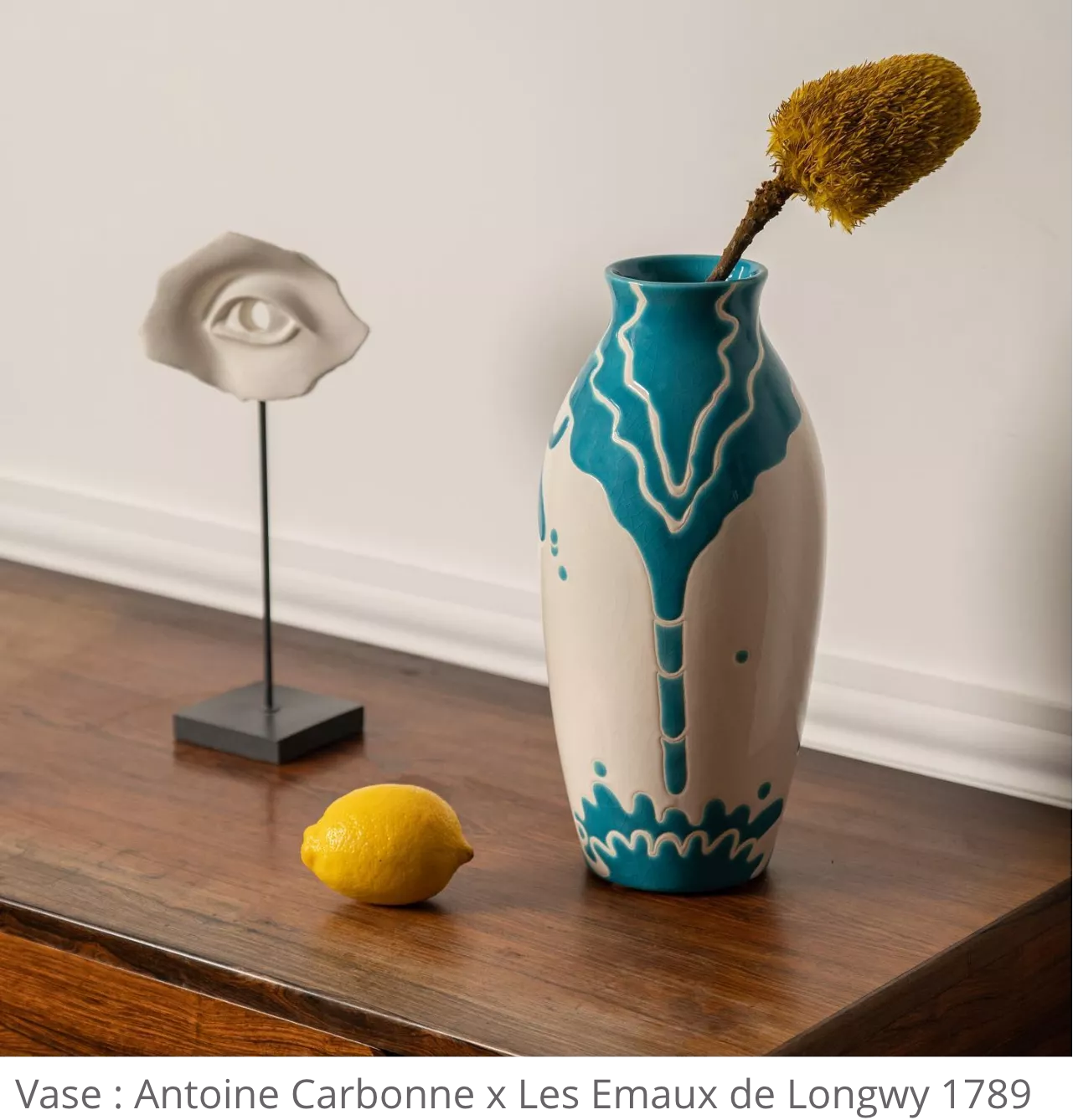 Blue and white vase with a lemon, artwork by French Cliché