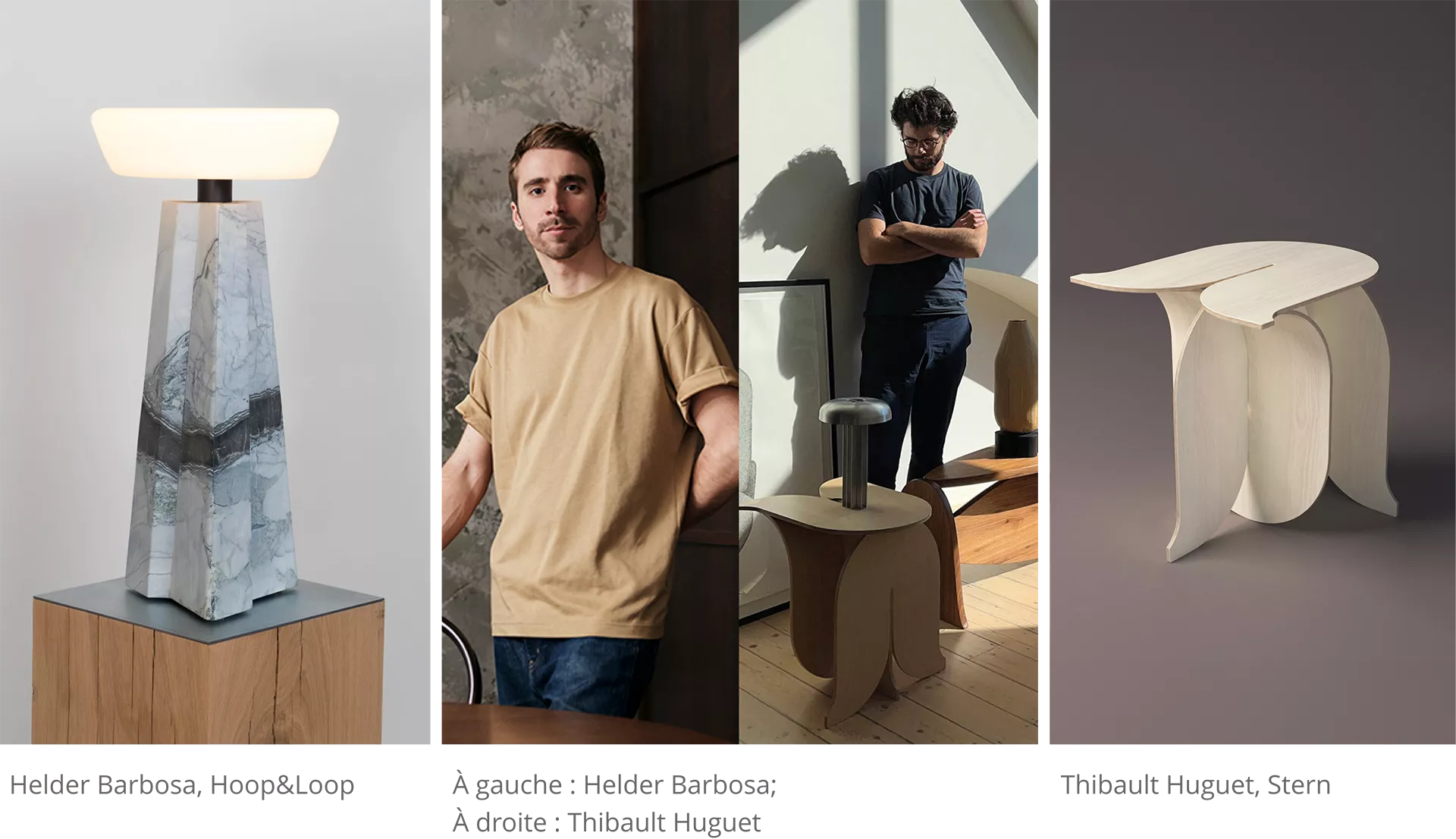 on the left a lamp, in the middle Thibault HUGUET & Helder BARBOSA, in the middle the image of a coffee table