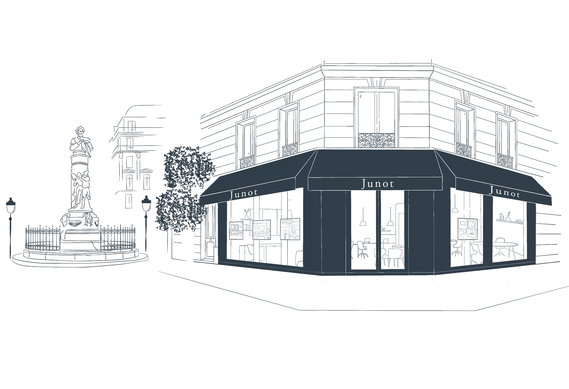 Illustration of the exterior of the luxury real estate agency Junot Saint-Georges in the 9th arrondissement of Paris