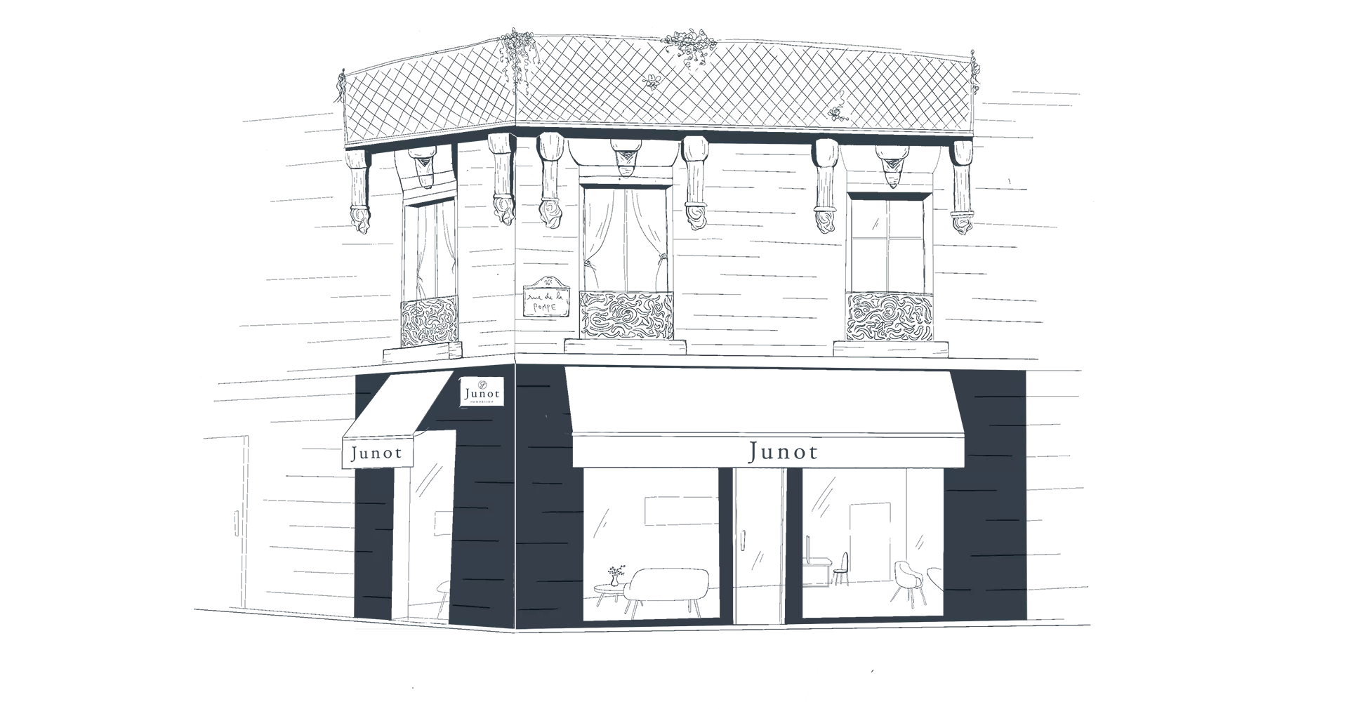 Illustration of the exterior of the luxury real estate agency Junot Victor Hugo 16th Paris