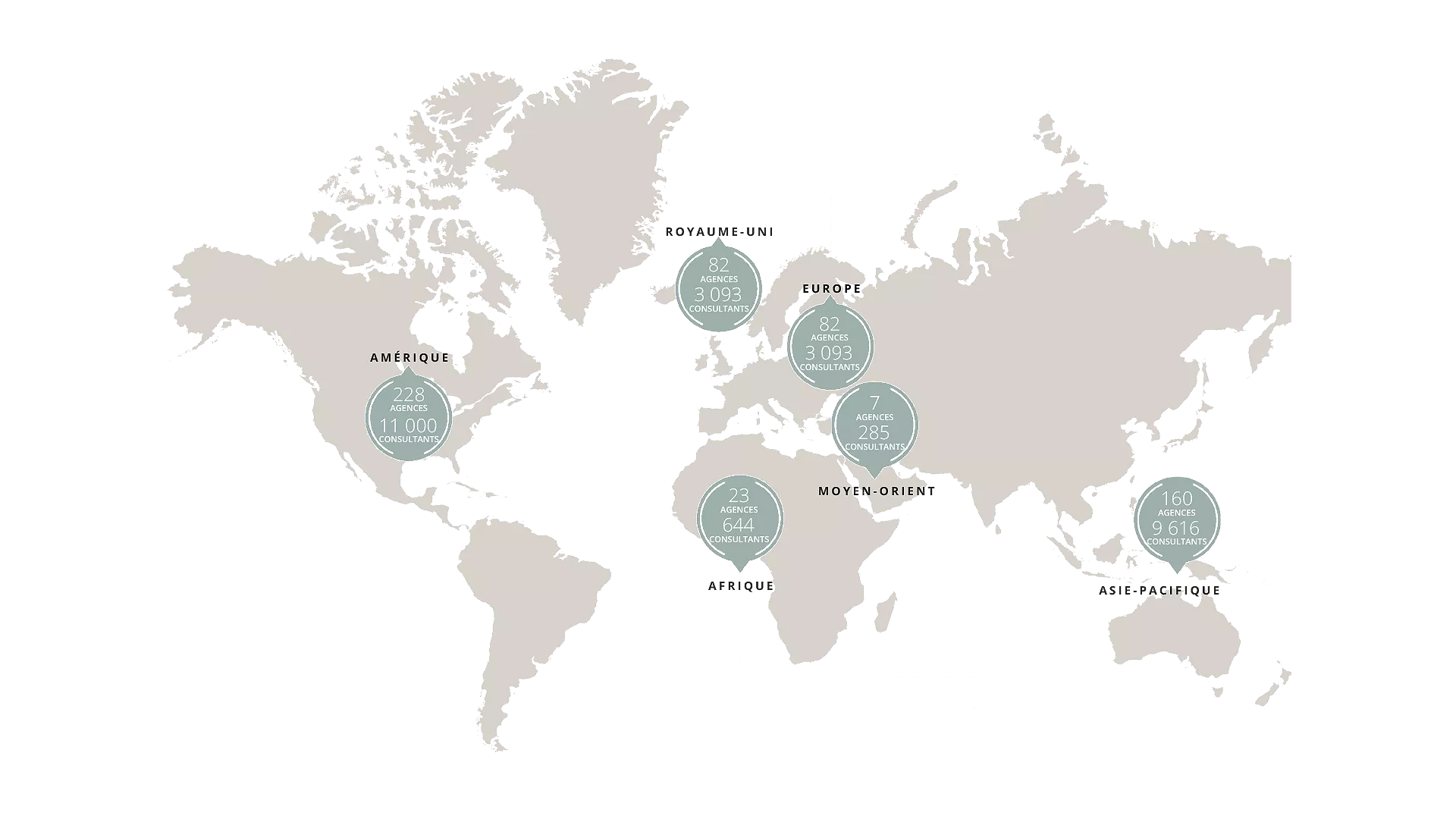 Carte du monde avec les épingles de nos agences immobilières de luxe dans le monde