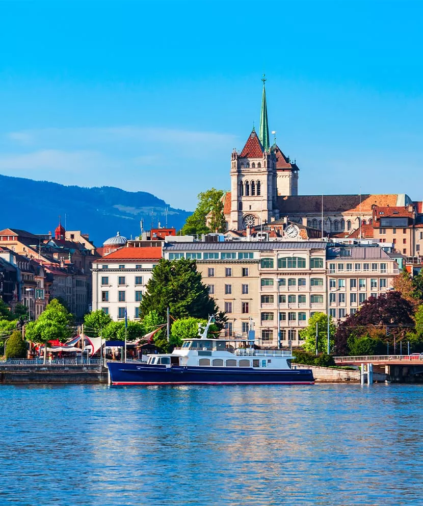 View of Lake Geneva in Switzerland from the terrace of an exceptional house