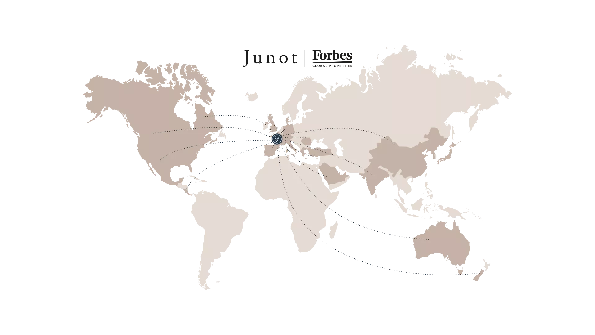 World map with pins where we have luxury estate agencies around the world