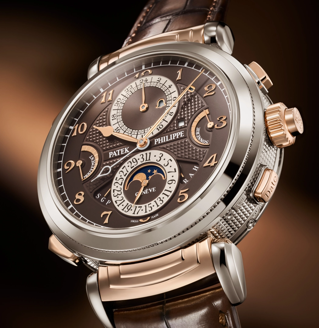 Patek Philippe luxury watch with silver frame and black dial