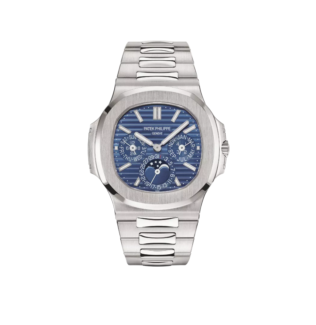 Patek Philippe luxury watch with blue dial, silver frame and bracelet